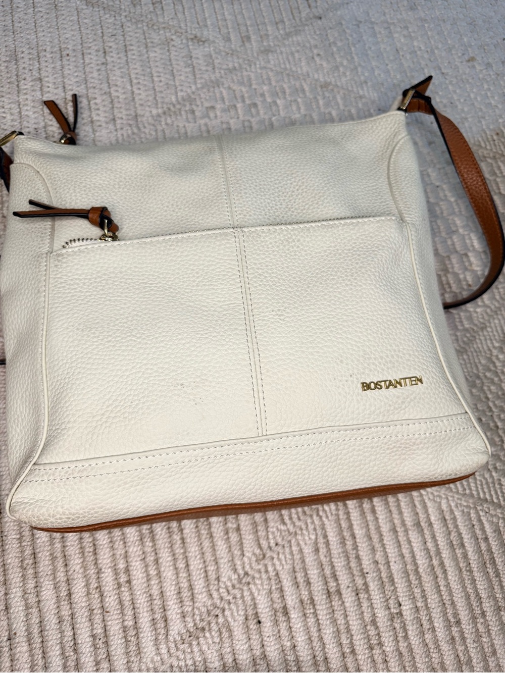 Bostanten Cream White Hobo Crossbody Bag Cognac Brown Gold Hardware Pebbled Bag.